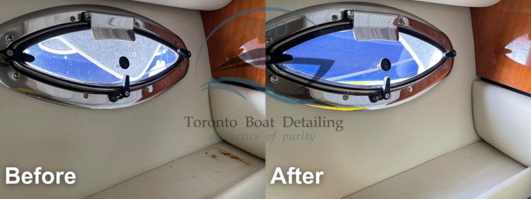 Before and after: boat porthole and liner interior cleaning by Toronto Boat Detailing