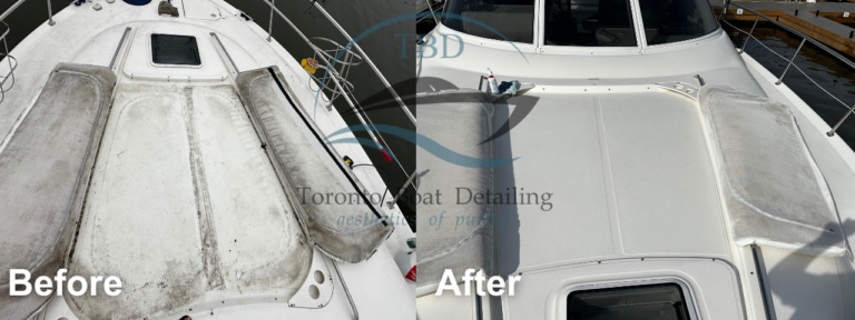 Before and after: Sun pad and foredeck, Toronto Boat Detailing