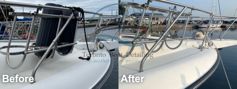 Before and after: Bow rail and deck, boat cleaning by Toronto Boat Detailing