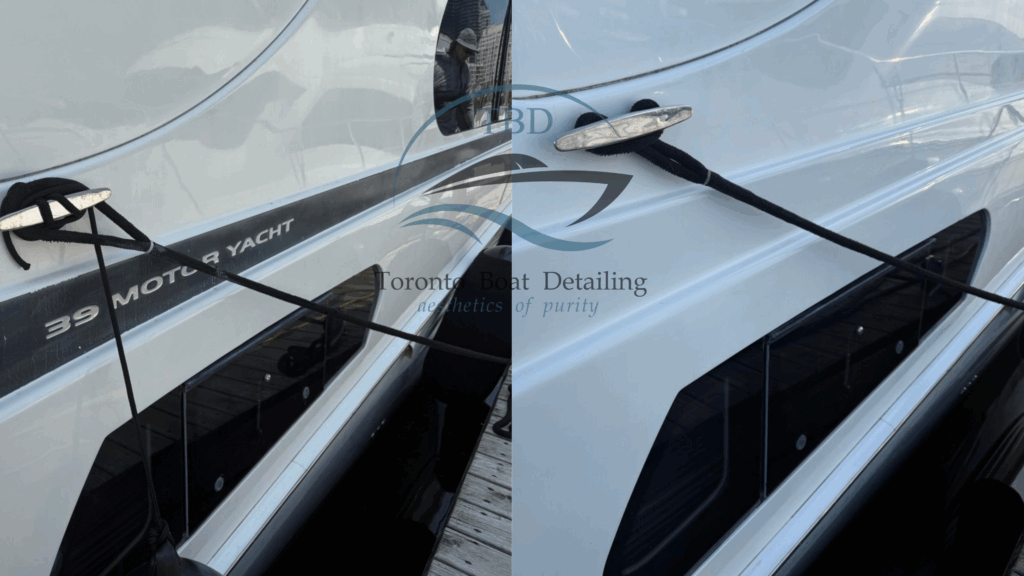 Before and after: old 39 Motor Yacht decal removed from a hull side by Toronto Boat Detailing