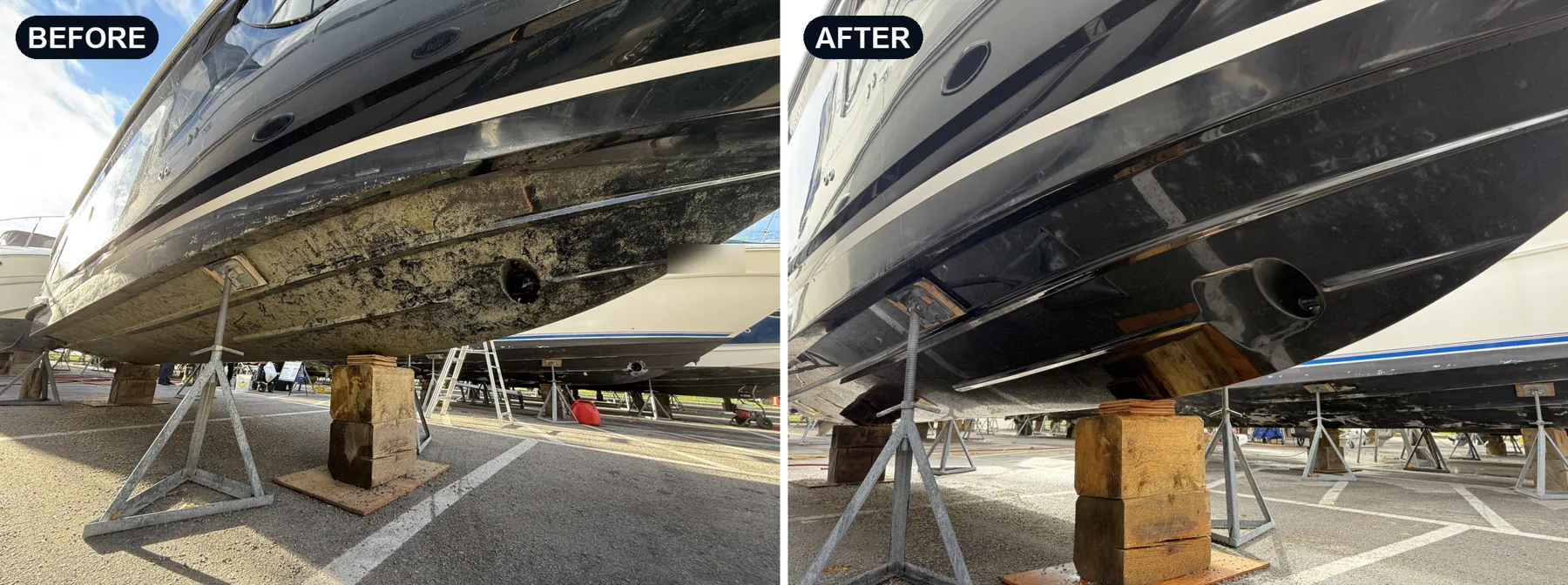 Before and after: boat bottom acid wash by Toronto Boat Detailing