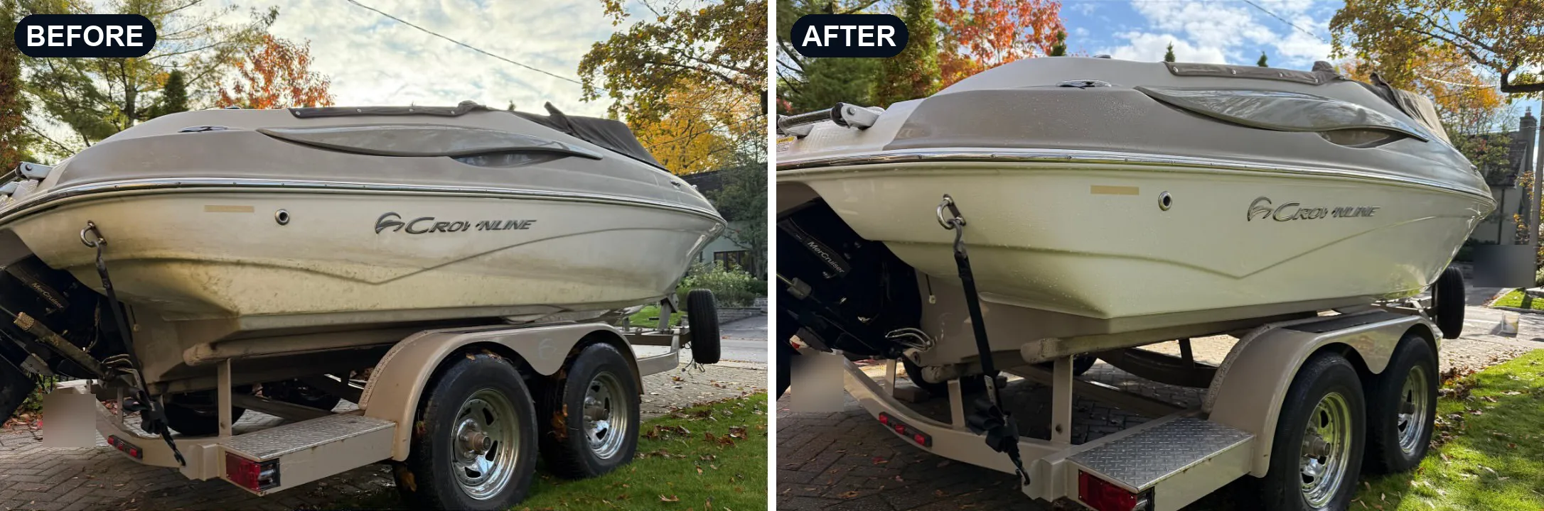 Before and after: Crownline hull acid wash on a trailer by Toronto Boat Detailing