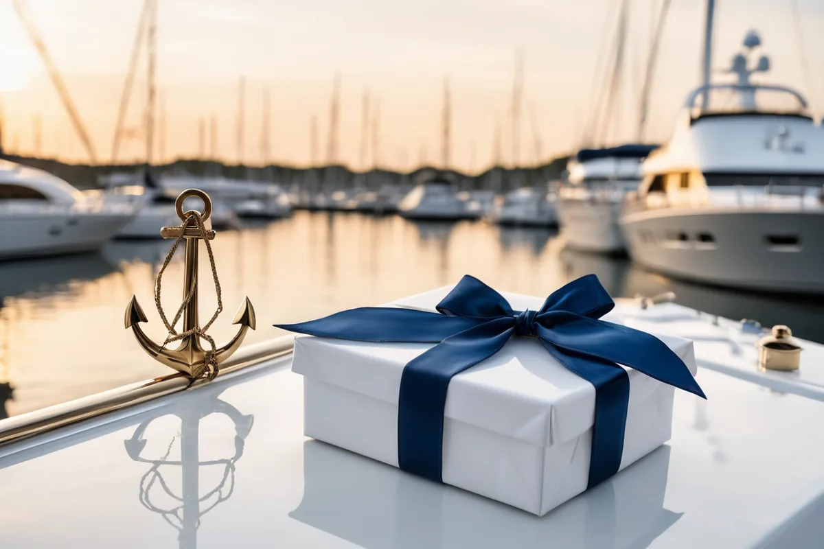 Gift box with a navy ribbon on a yacht deck at sunset