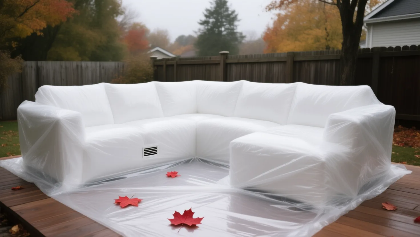 Patio and equipment shrink wrap: patio sectional shrink wrapped for winter